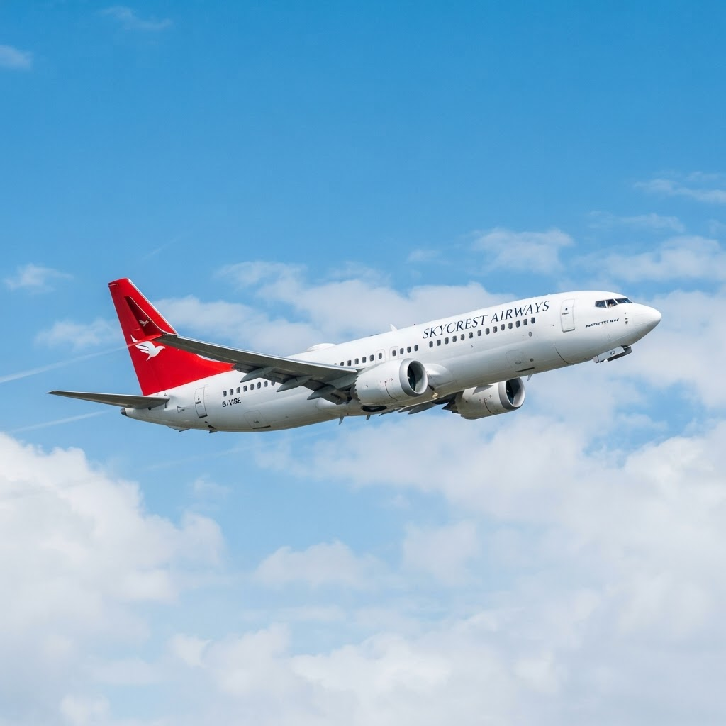 A white commercial aircraft with a red tail fin flying against a bright sky